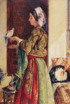 Chica con dos palomas enjauladas Orientales John Frederick Lewis Árabes Pinturas al óleo